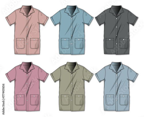 Fashion flat technical sketch set of short-sleeve work shirts with pockets. Vector illustration collection of apparel uniform templates in various colors