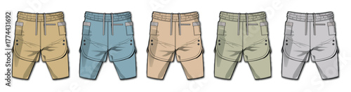 Fashion technical flat sketch of kids cargo shorts in multiple colorways. Apparel design vector template