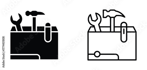 Handyman's essential toolbox, ready for any repair project, featuring a wrench and hammer, ideal for DIY enthusiasts and professional tradespeople alike in black and white