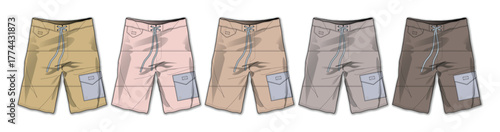 Five illustrated pairs of men's cargo shorts, each in a distinct muted color. Ideal versatile apparel for casual summer fashion, outdoor activities, and comfortable everyday use