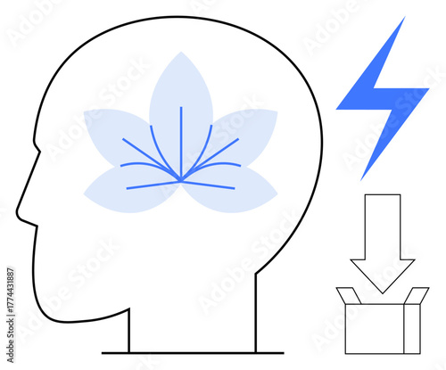 Silhouette of a head with blooming flower symbolizes mindfulness, lightning bolt for energy, and arrow into box for action. Ideal for creativity, power, mental clarity, innovation, mindfulness