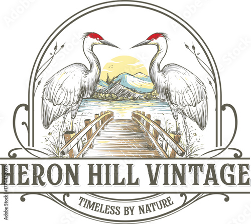 Vintage Crane Illustration on Wooden Pier – Nature and Wildlife Emblem