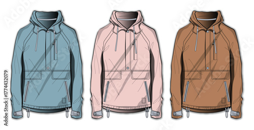 Three different color variations of a casual, hooded pullover jacket with a front pouch pocket and drawstrings