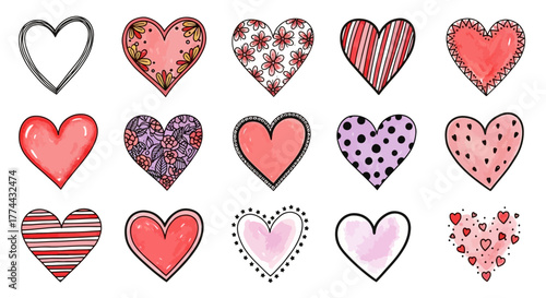 A collection of diverse hand-drawn hearts in various styles and colors.