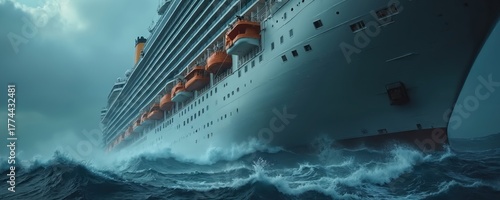 Massive cruise ship tilts steeply in rough ocean waves, lifeboats visible on side. Nautical disaster, maritime emergency at sea, travel danger, extreme weather storm at sea.