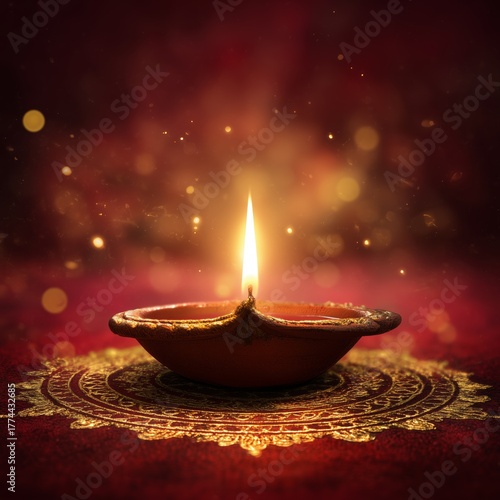 Golden Diya Lamp on Ornate Rangoli with Warm Festive Light Bokeh on a golden mandala on a red background