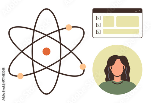 Atom model with orbiting particles, checklist window, and person icon. Ideal for education, science, research, e-learning, STEM tutoring academic success. A simple flat metaphor