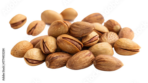 A pile of almonds with shells, isolated on transparent background