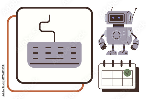 Keyboard with wire, friendly robot with antennas, and checklist calendar marked with a green tick. Ideal for technology, scheduling, automation, robotics, AI systems, task management simple flat