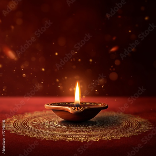 Golden Diya Lamp on Ornate Rangoli with Warm Festive Light Bokeh on a golden mandala on a red background