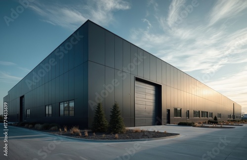 Fototapeta Naklejka Na Ścianę i Meble -  Large modern industrial building exterior with closed loading bay door, windows. Grey metal facade reflects soft golden sunset light. Minimalist landscaping surrounds structure under sky with light