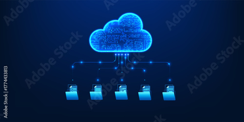Cloud technology connected to document files, symbolizing data storage, online synchronization, and digital collaboration through cloud computing