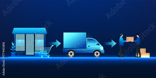 Electronic Commerce logistics industry illustration showing online store, delivery truck, and courier using digital technology for online shopping and smart delivery management
