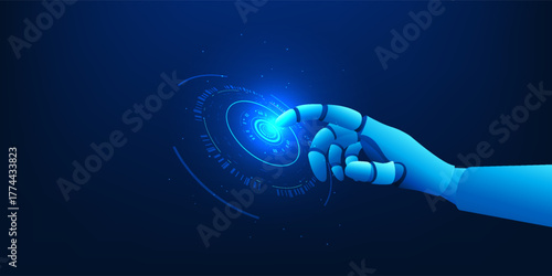 Artificial intelligence robotic hand touching a digital technology circle, symbolizing AI interaction, smart control, and the connection between machines and data networks.