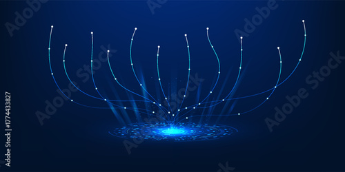 Futuristic data transmission lines rising from a glowing technology circle, symbolizing digital connectivity, data upload, and innovation in information networks