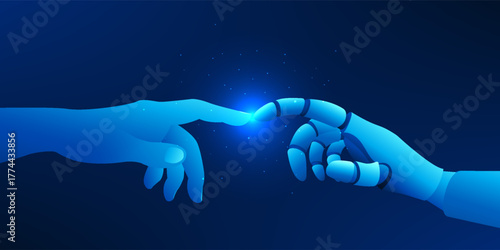 Human hand and robotic AI hand touching fingers, symbolizing the connection between humanity and artificial intelligence, collaboration, and future technology integration