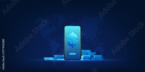 Mobile phone with a digital coin and world map background, symbolizing global financial transactions, digital payment systems, and worldwide fintech connectivity through the internet