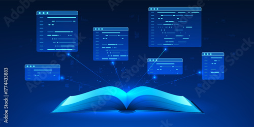Open book projecting holographic digital code screen, symbolizing modern education technology, online learning, and the integration of traditional knowledge with digital innovation