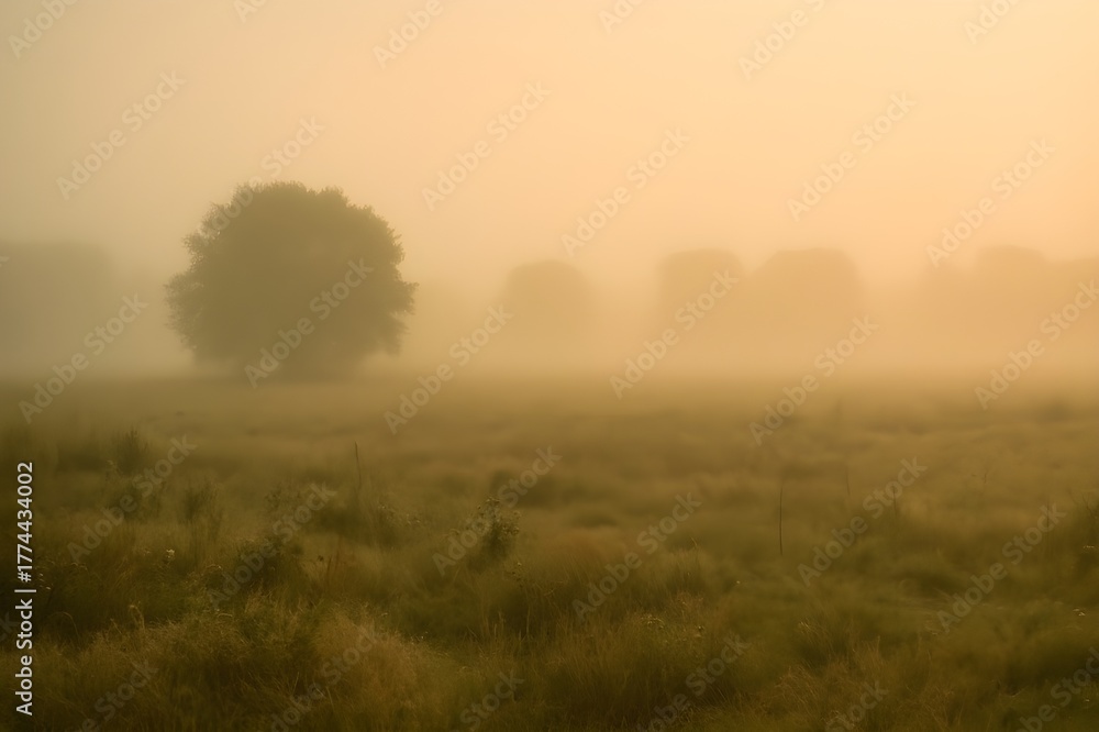 Fototapeta premium Lone Tree in a Foggy Field at Sunrise
