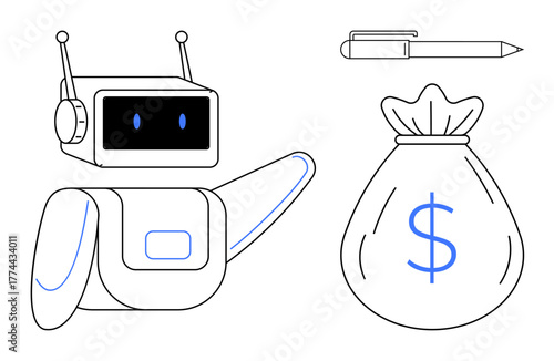 Robot with antenna pointing at large money bag marked with a dollar sign, pen above. Ideal for automation, finance, savings, technology, innovation, artificial intelligence, creative solutions