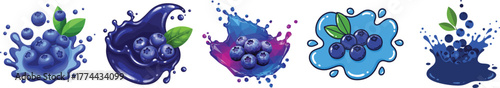 Blueberry Juice Splash Vector Set with Fresh Berries and Leaves
