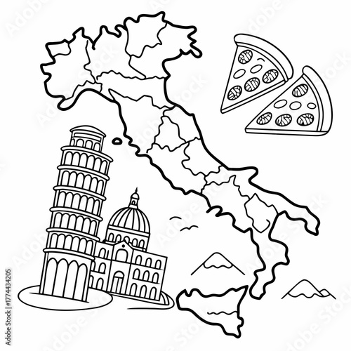 Line drawing of Italy featuring pizza and famous landmarks  