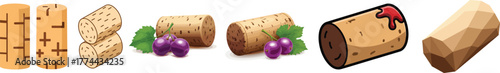 Wine Cork Stopper Vector Set with Grapes and Red Wine Stains