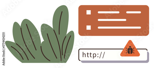 Bug warning on browser URL, checklist box, and green bushes representing concealed hacking, hidden risks. Ideal for cybersecurity, online safety, digital risk, data privacy, web protection digital