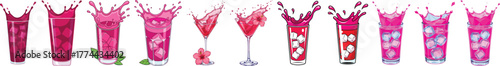 Pink Cocktail Splash Vector Set with Ice and Hibiscus Flower