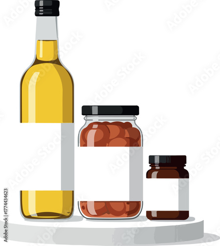 Illustration of a bottle and two jars with blank labels on a white platform against a plain white background.