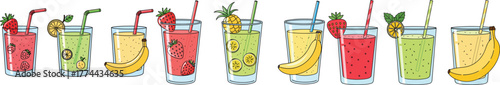 Colorful Fruit Juice and Smoothie Vector Set with Straws
