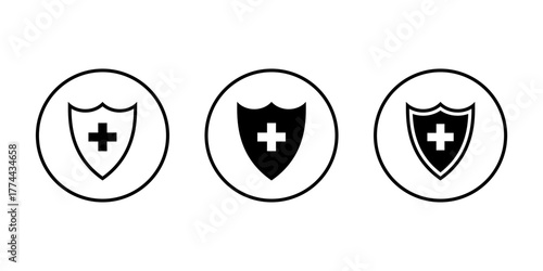 Health protection shield icon set in circular outline. Medical safety and security symbol