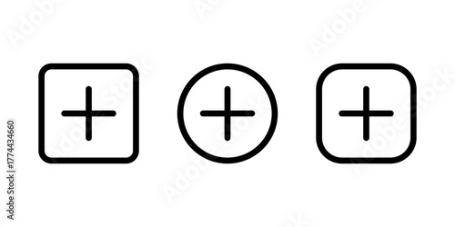 Add button icon set. Plus sign in square and circle symbol. Insert or create design. Editable stroke