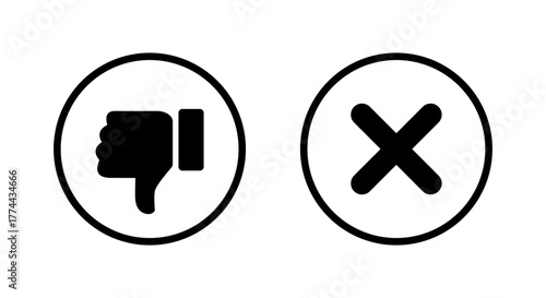 Dislike and cancel icon in circular outline. Thumbs down and cross symbol. Negative feedback and rejection sign