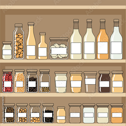 Illustration of a pantry shelf stocked with various jars and bottles of food and drink items in a neat and organized manner.
