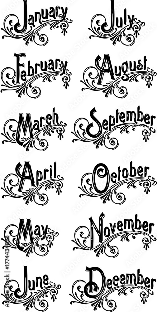Fototapeta premium Month Titles Design Flourish and Floral Accents for Yearly Calendar Pages and Decorative Art