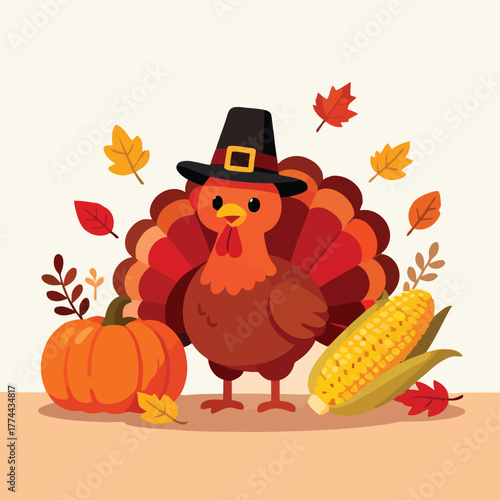 thanksgiving Cute turkey character wearing pilgrim hat-01.eps