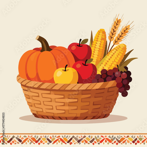 Thanksgiving harvest still-life basket, pumpkins, apples, corn, grapes, wheat, vector flat design-01.eps