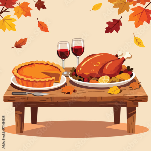 Thanksgiving Pumpkin pie, roasted turkey, wine glasses on rustic table-01.eps
