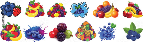 Large Mixed Fruit and Berry Vector Collection with Juice Splashes