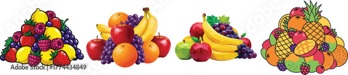 Large Mixed Fruit Pile Vector Collection in Diverse Art Styles