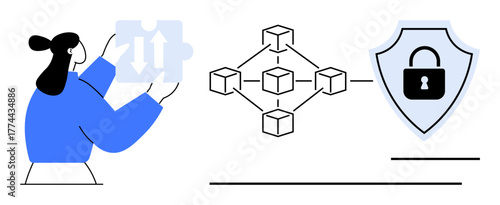 Woman holding puzzle piece near blockchain network and shield with padlock. Ideal for data security, blockchain, technology innovation, cybersecurity, encryption, secure systems, digital protection