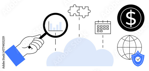 Magnifying glass with data over cloud, puzzle pieces, calendar, dollar sign, globe, shield. Ideal for data analysis, cloud solutions, security finance connectivity planning simple flat metaphor
