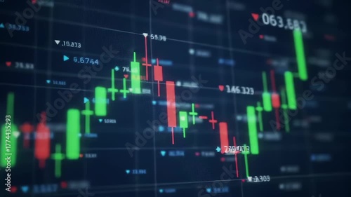 Abstract digital stock market graph with green and red candlestick charts showing price fluctuations and financial data on a dark blue grid background