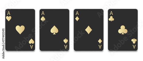 Poker card dark with metallic gold symbols, set playing cards. Four black aces suits collection. spade, heart, club, and diamond. Elegant playing cards. Luxury casino game design element. 