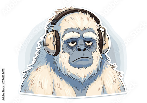 Cartoon yeti with headphones looking bored, fluffy winter creature with humorous expression and modern vibe