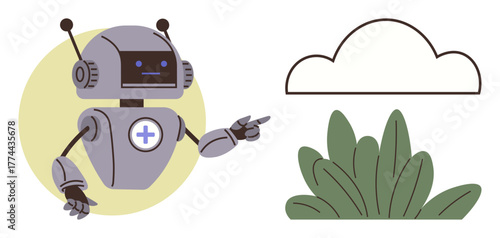 Robot with medical cross symbol pointing at a cloud near green plants. Ideal for AI, automation, ecology, health technology, environment, innovation, future possibilities, simple flat metaphor