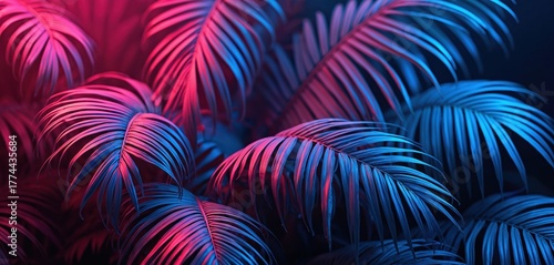 Close-up of palm leaves with vibrant pink and blue hues. The foliage displays an abstract pattern against a dark background. This surreal image offers a modern design element for creative projects.