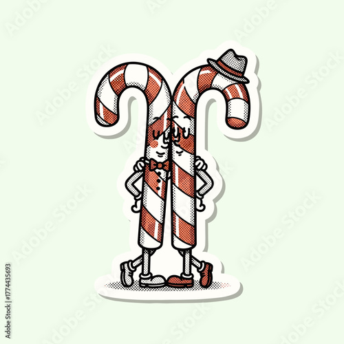 Retro cartoon candy cane couple hugging in vintage style with halftone texture and bow tie accessories