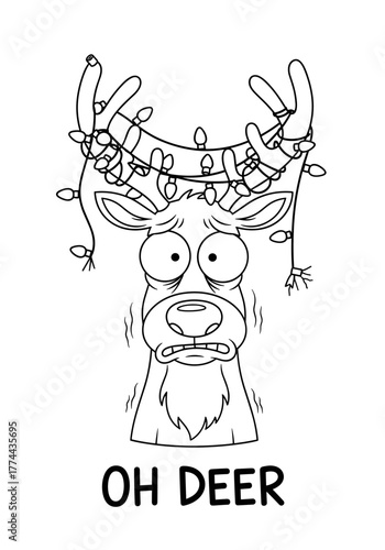 Funny reindeer cartoon tangled in Christmas lights with 